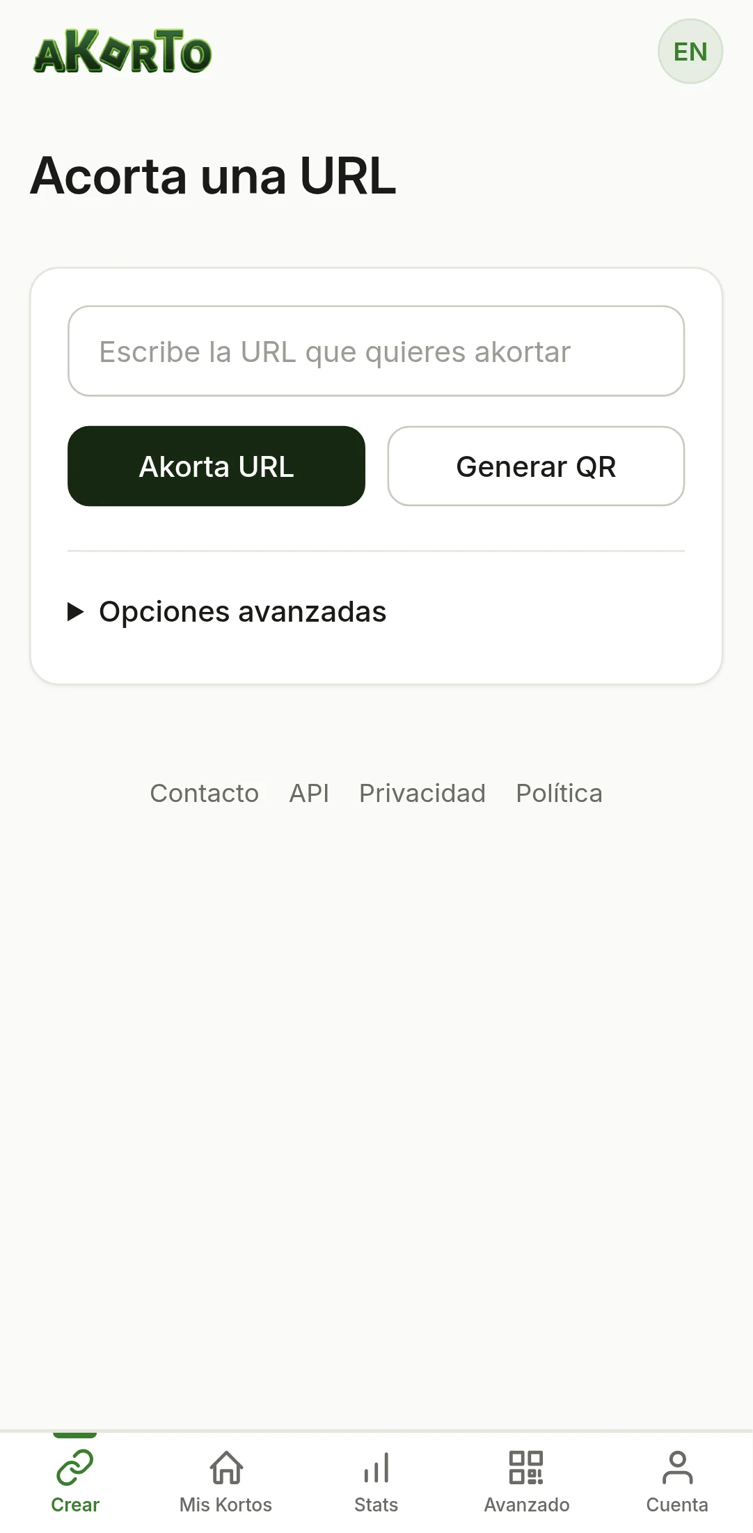 Akorto link creation interface on mobile