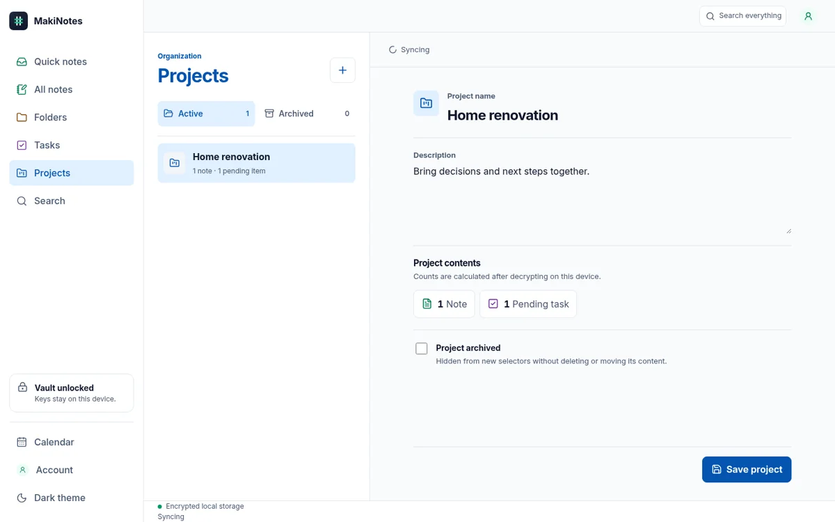 Makinotes project and notes interface on desktop