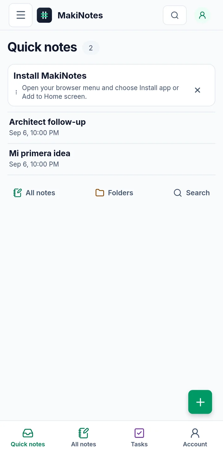 Makinotes quick notes interface on a mobile device